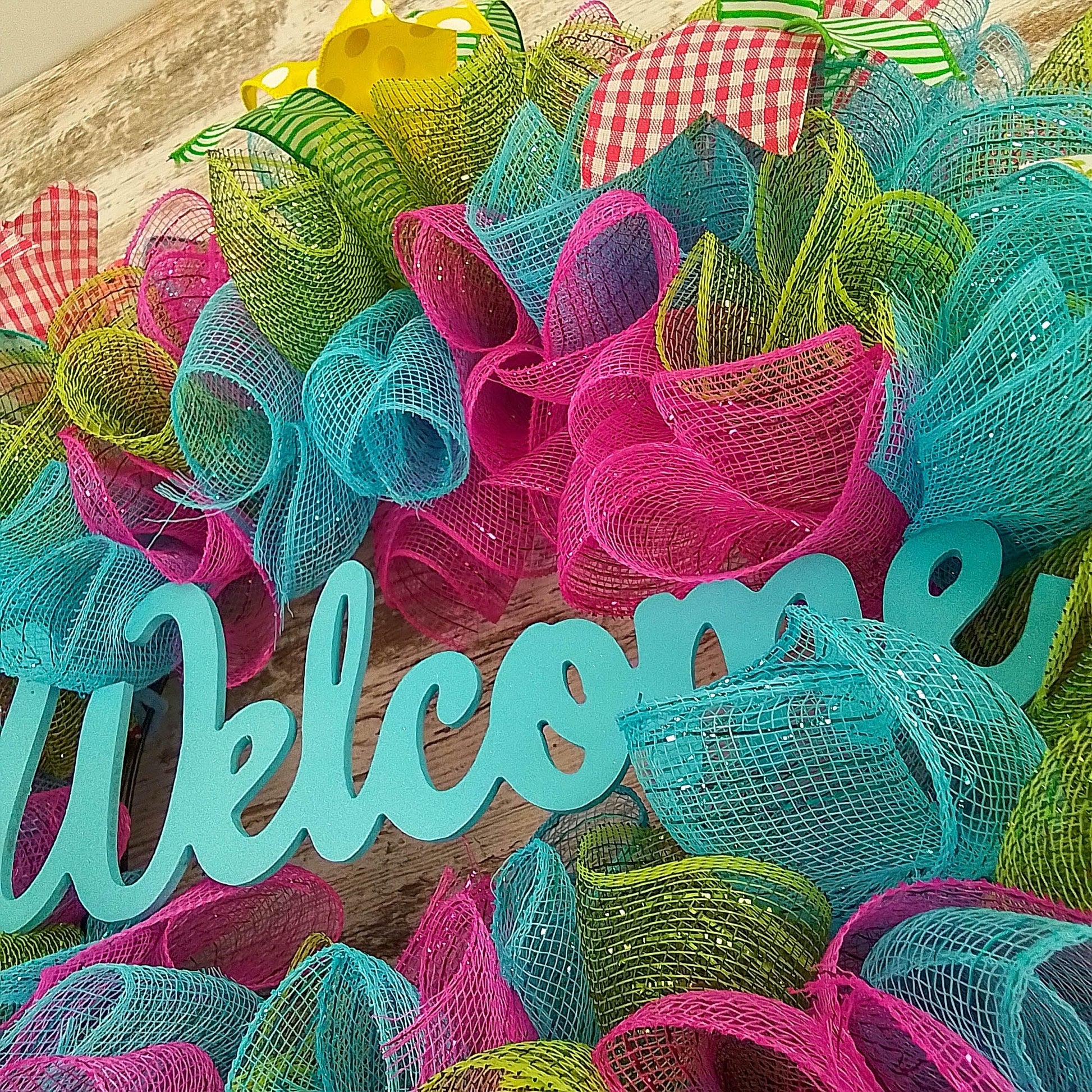 Summer Spring Welcome Door Wreath; Pink, Turquoise, Yellow, Green : P1 - Pink Door Wreaths