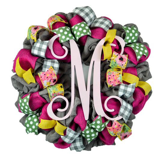 Summer Wreaths with Initial - Monogram Burlap Welcome Wreath - Jute Burlap Spring Decor - Pink Moss Green White - Pink Door Wreaths