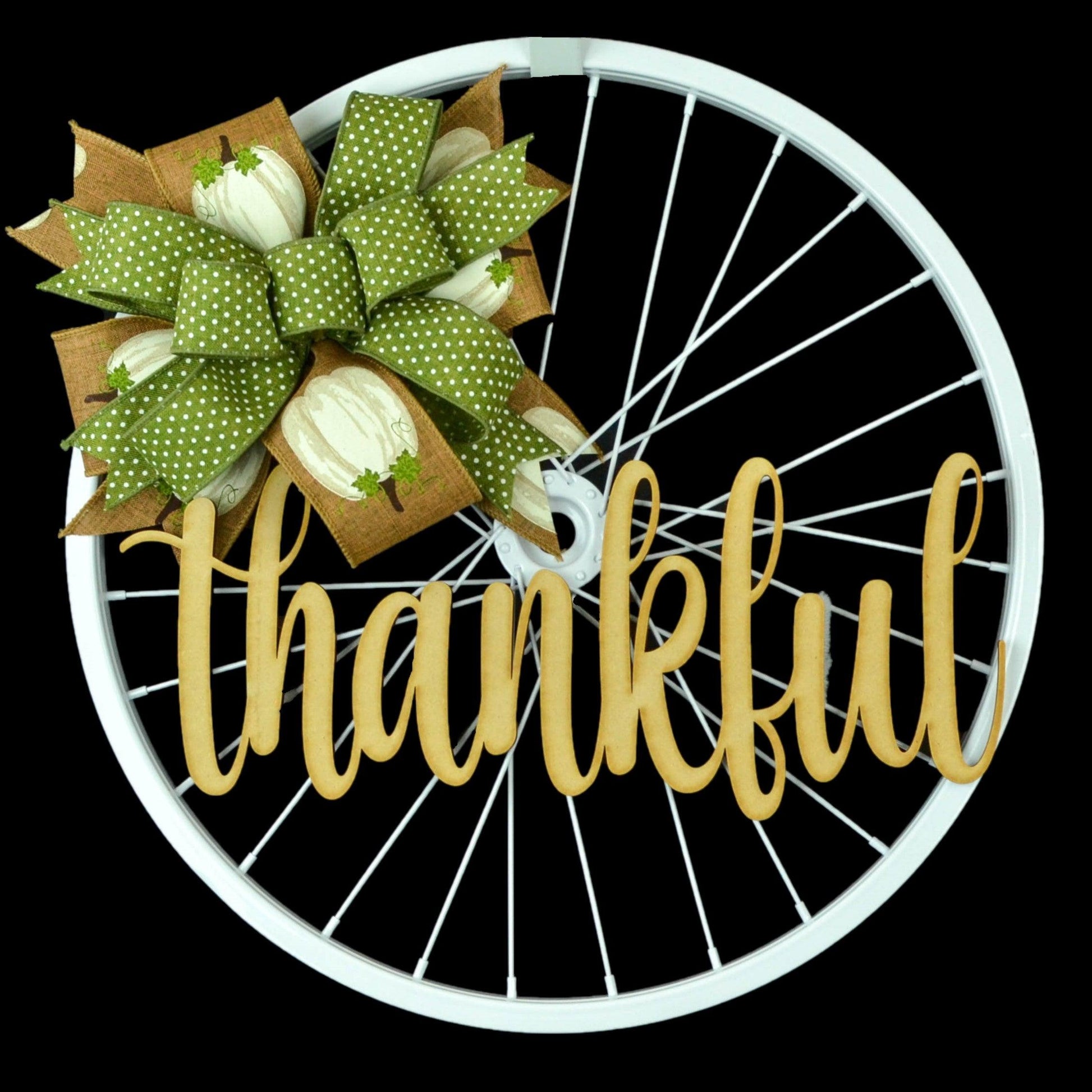 Thanksgiving Thankful Bike Rim Door Hanger - Farmhouse Round Front Porch Decor - White Brown Pumpkin Rustic - Pink Door Wreaths