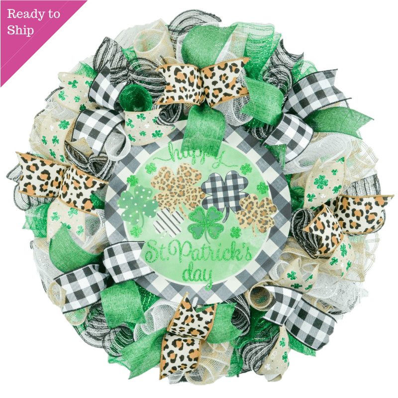 Trendy St Patricks Wreath - Animal Print Saint Patrick's Home Sweet Home Decor - Clover Door Decorations - Green White - Pink Door Wreaths