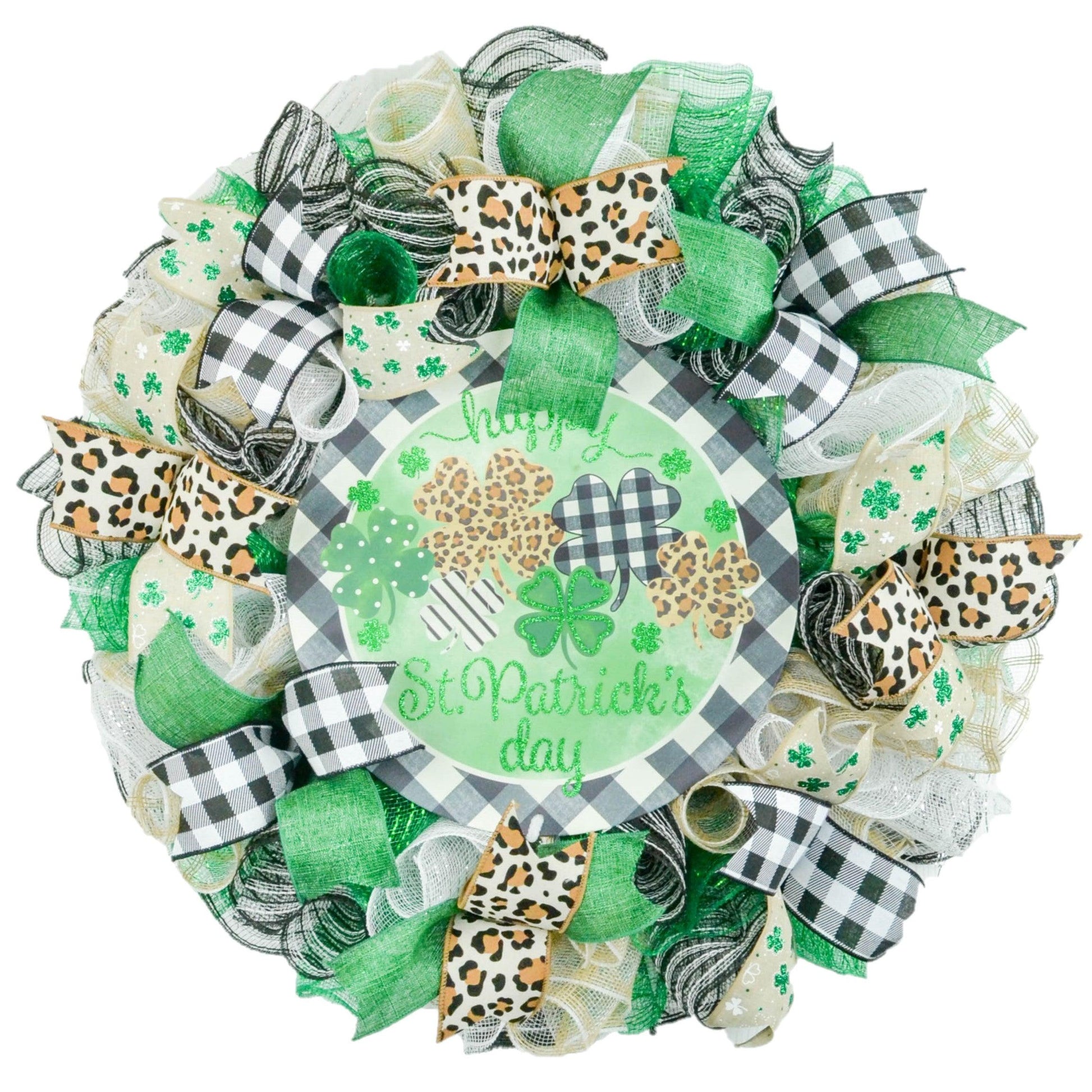 Trendy St Patricks Wreath - Animal Print Saint Patrick's Home Sweet Home Decor - Clover Door Decorations - Green White - Pink Door Wreaths