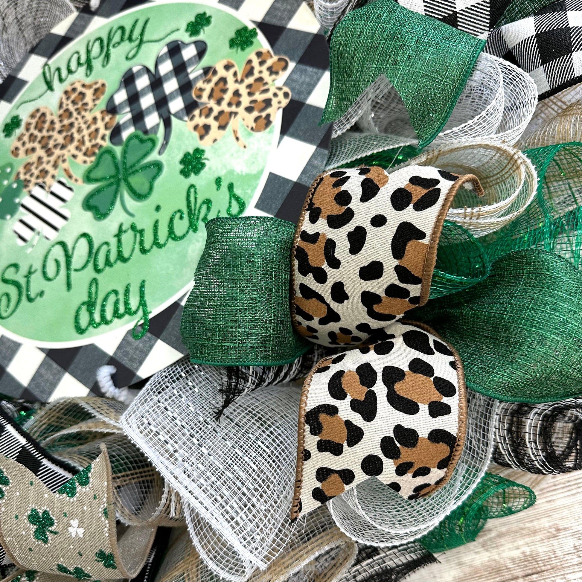 Trendy St Patricks Wreath - Animal Print Saint Patrick's Home Sweet Home Decor - Clover Door Decorations - Green White - Pink Door Wreaths