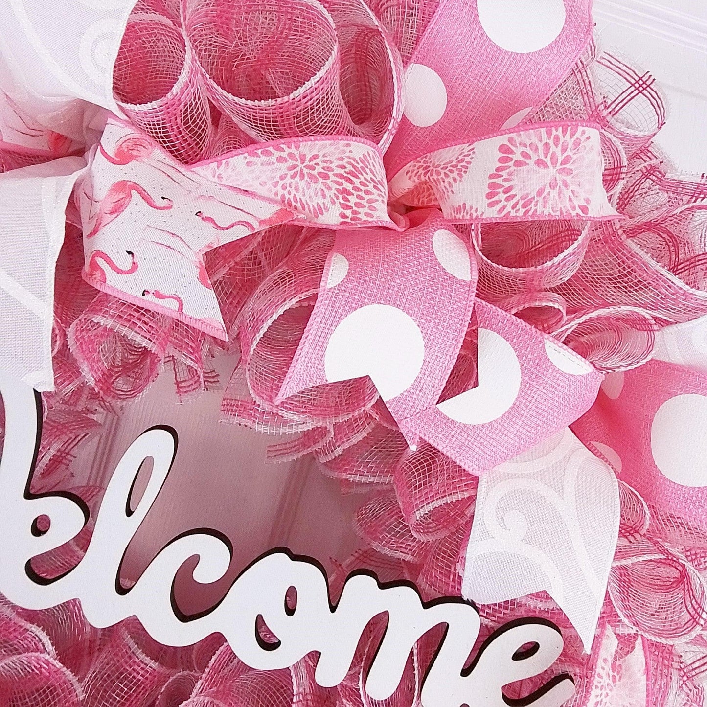Welcome Flamingo Wreath - Summer Spring Front Door Decor - Beach Decoration - Pink White - Pink Door Wreaths