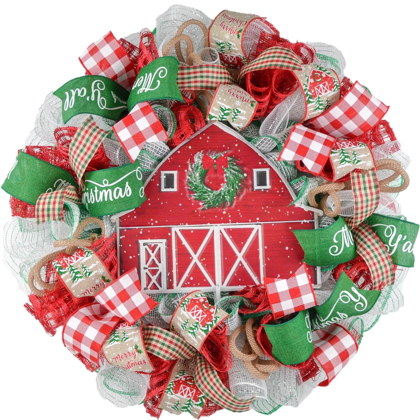 Winter Barn Christmas Mesh Wreath - Farmhouse Outdoor Front Door Decoration - Red Green White - Pink Door Wreaths