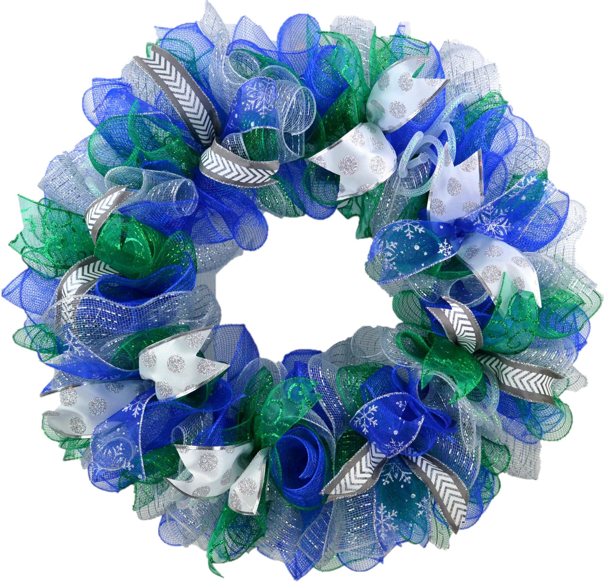 Winter Mesh Front Door Wreath | Hanukkah Wreath | Blue Green White Silver - Pink Door Wreaths