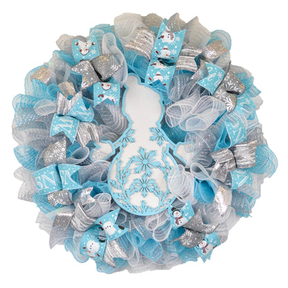 Winter Snowman Wreaths - Aqua Silver Snowflake Cold Front Door Wreath - Outdoor Christmas Decor - White Turquoise Blue Silver - Pink Door Wreaths