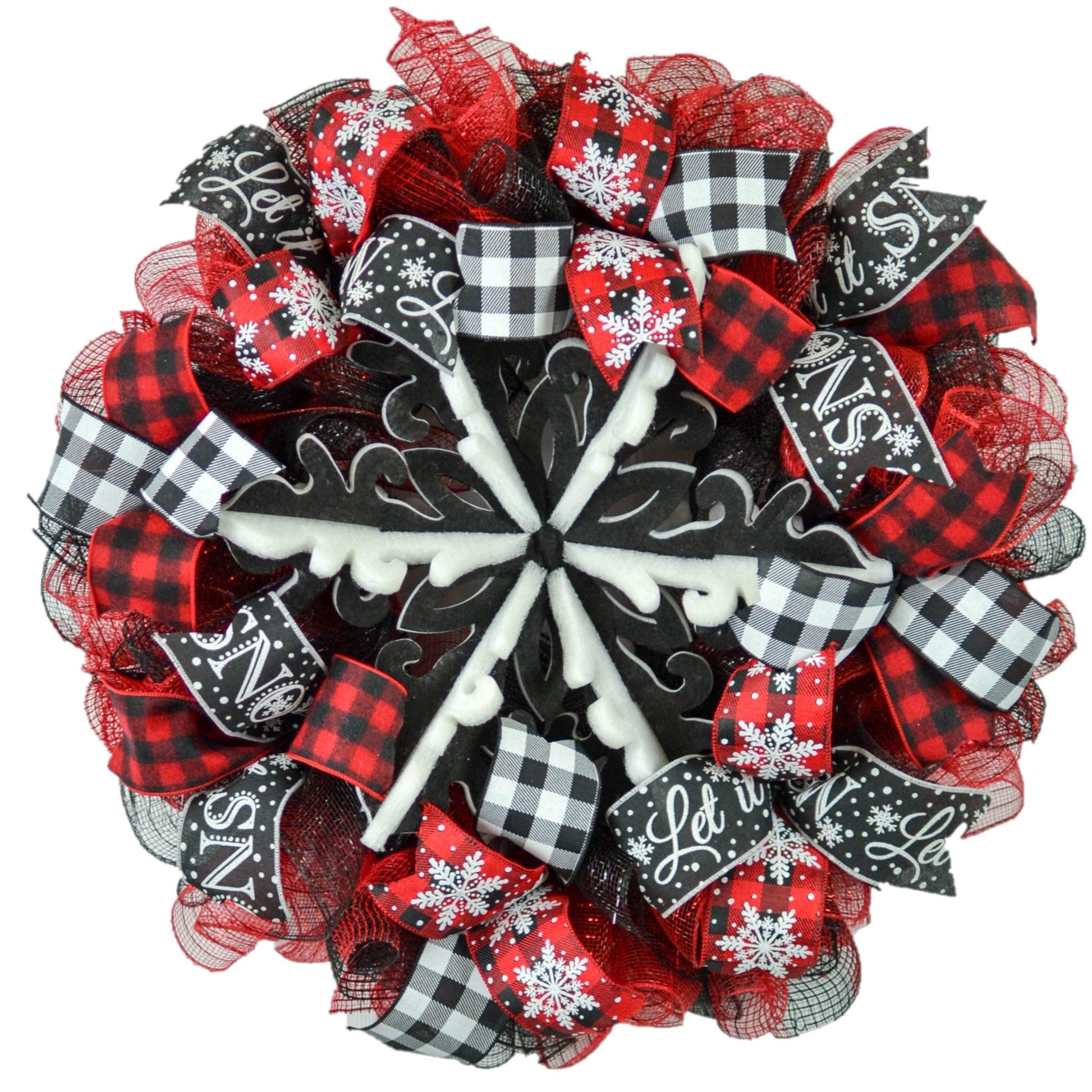 Winter Wreath - Buffalo Plaid Snowflake Christmas Mesh Outdoor Front Door Wreath - Pink Door Wreaths