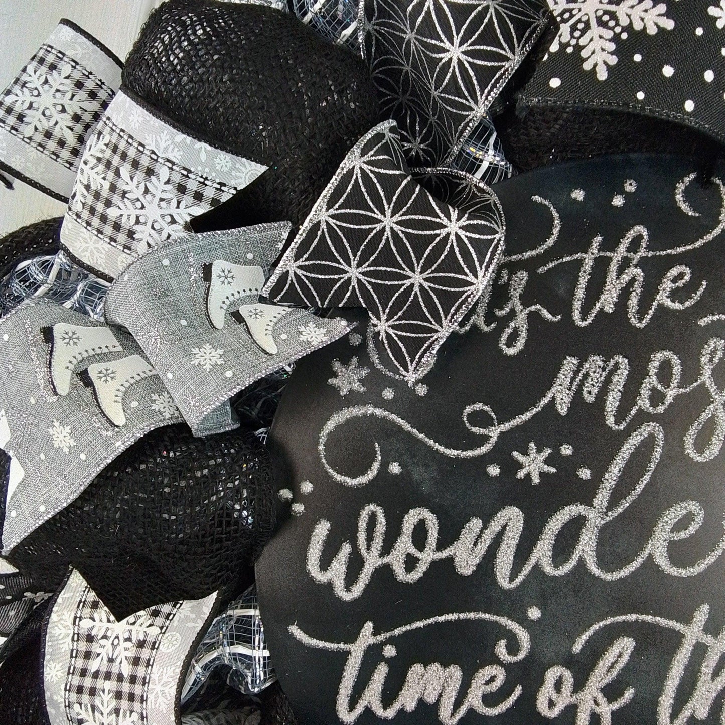 Winter Wreath - It's the Most Wonderful Time of the Year Christmas Mesh Outdoor Front Door Wreath; White Black Grey Silver - Pink Door Wreaths