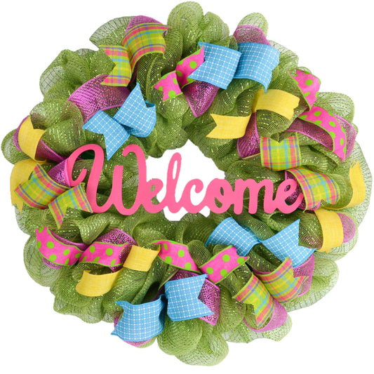 Wreath for Summer | Spring Welcome Wreath | Outdoor Front Door Wreath | Pink Yellow Green Turquoise  - Pink Door Wreaths