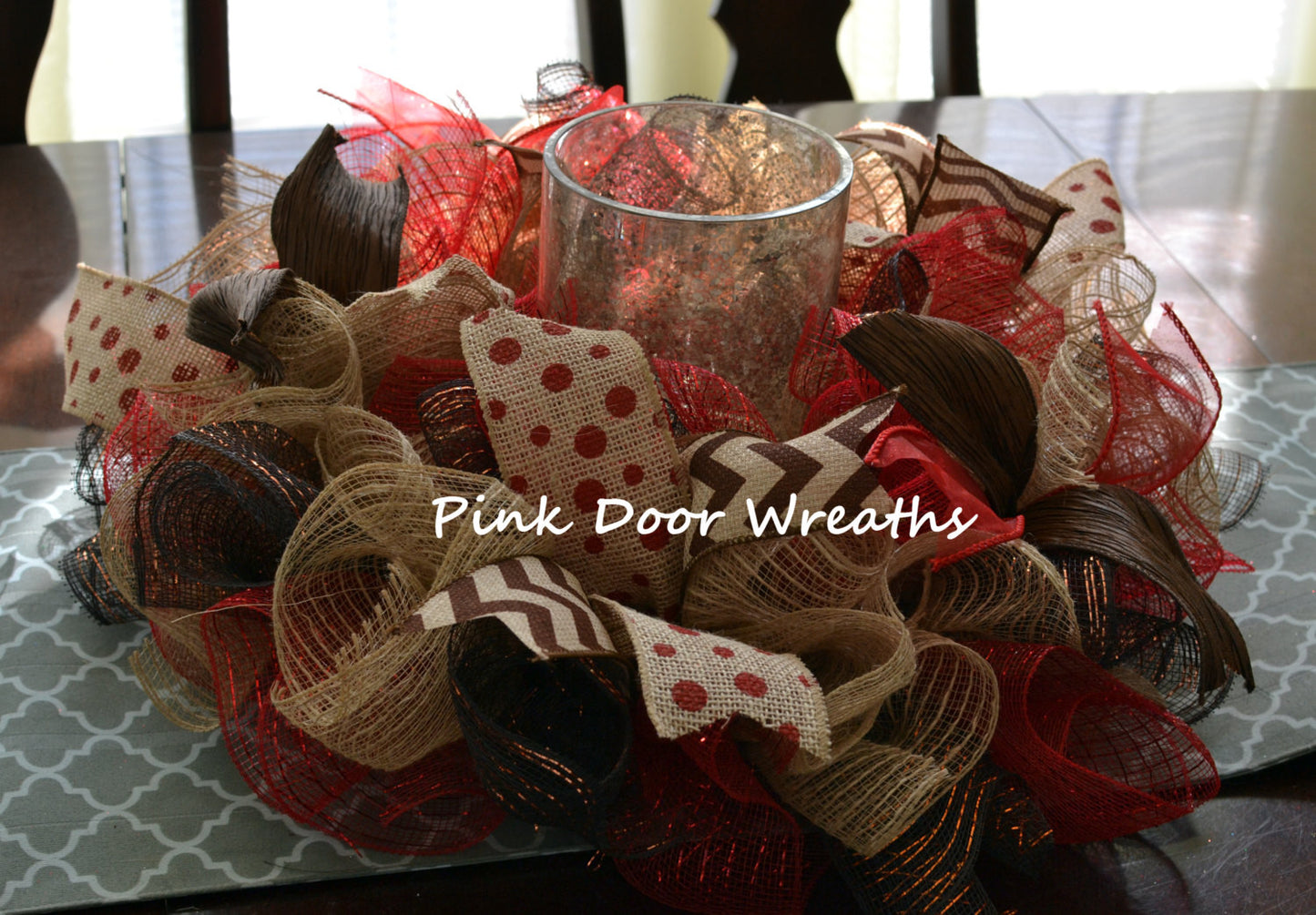 Year Round Living Room Table Centerpiece Candle Holder | Red Burlap Jute Chocolate Brown - Pink Door Wreaths