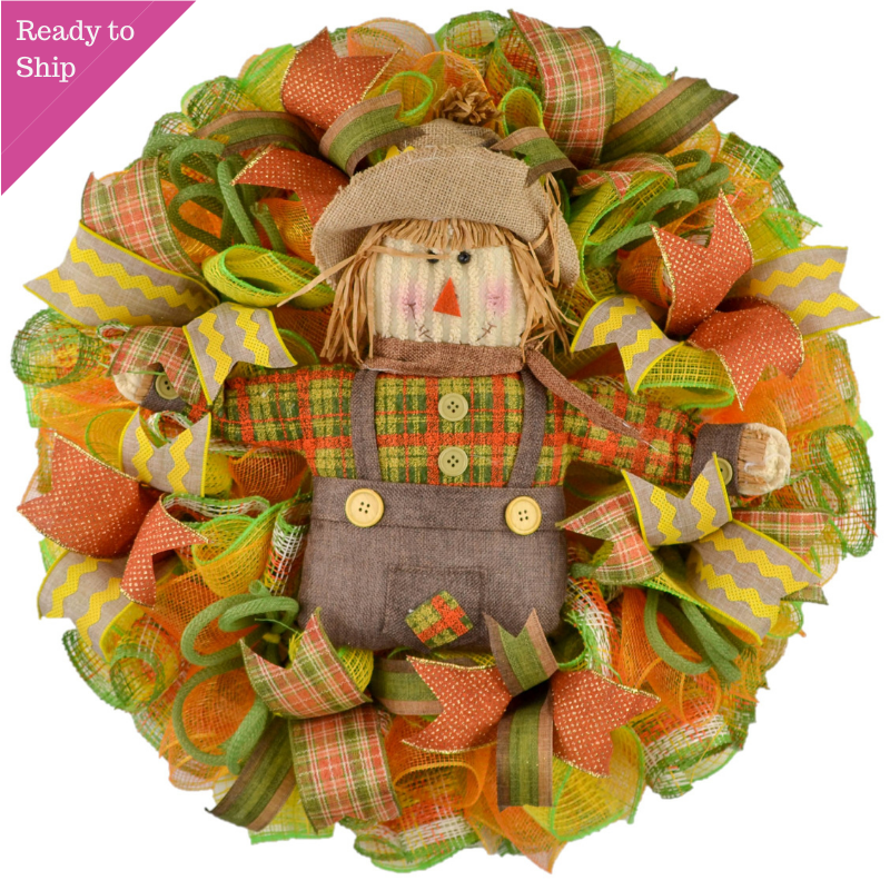 Yellow Scarecrow Mesh Front Door Wreath - Thanksgiving Fall Wreath - Pink Door Wreaths